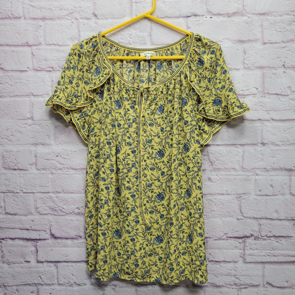 Max Studio Floral Peasant Blouse Sz L Fairy Flutter Sleeve Boho Chic Vacation‎